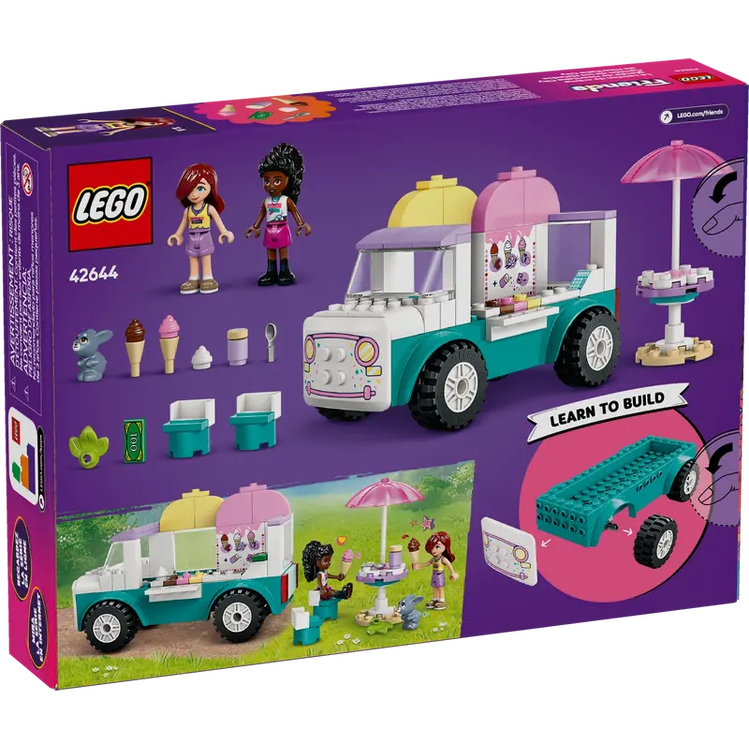 Lego Friends ice cream truck set. Includes mini-figures, ice cream accessories, and a buildable truck with pink and yellow accents.