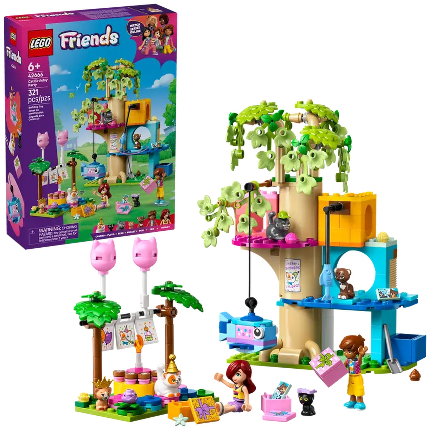 A Lego Friends set showing a treehouse, figures, and accessories. A box is on the left. The set includes cats and birthday party elements.