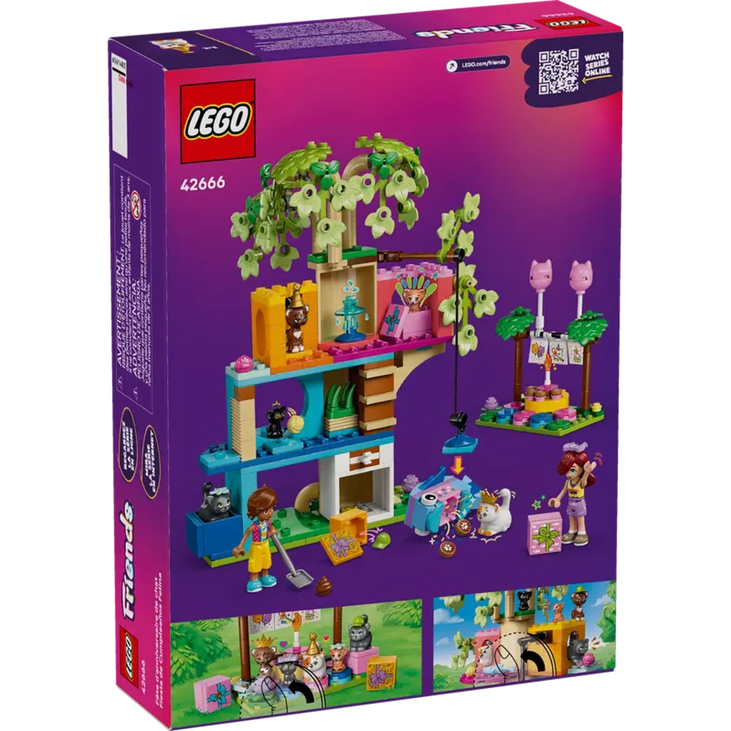 Lego Friends box set. It shows a treehouse, cat figures, and mini-figures, all on a purple background.