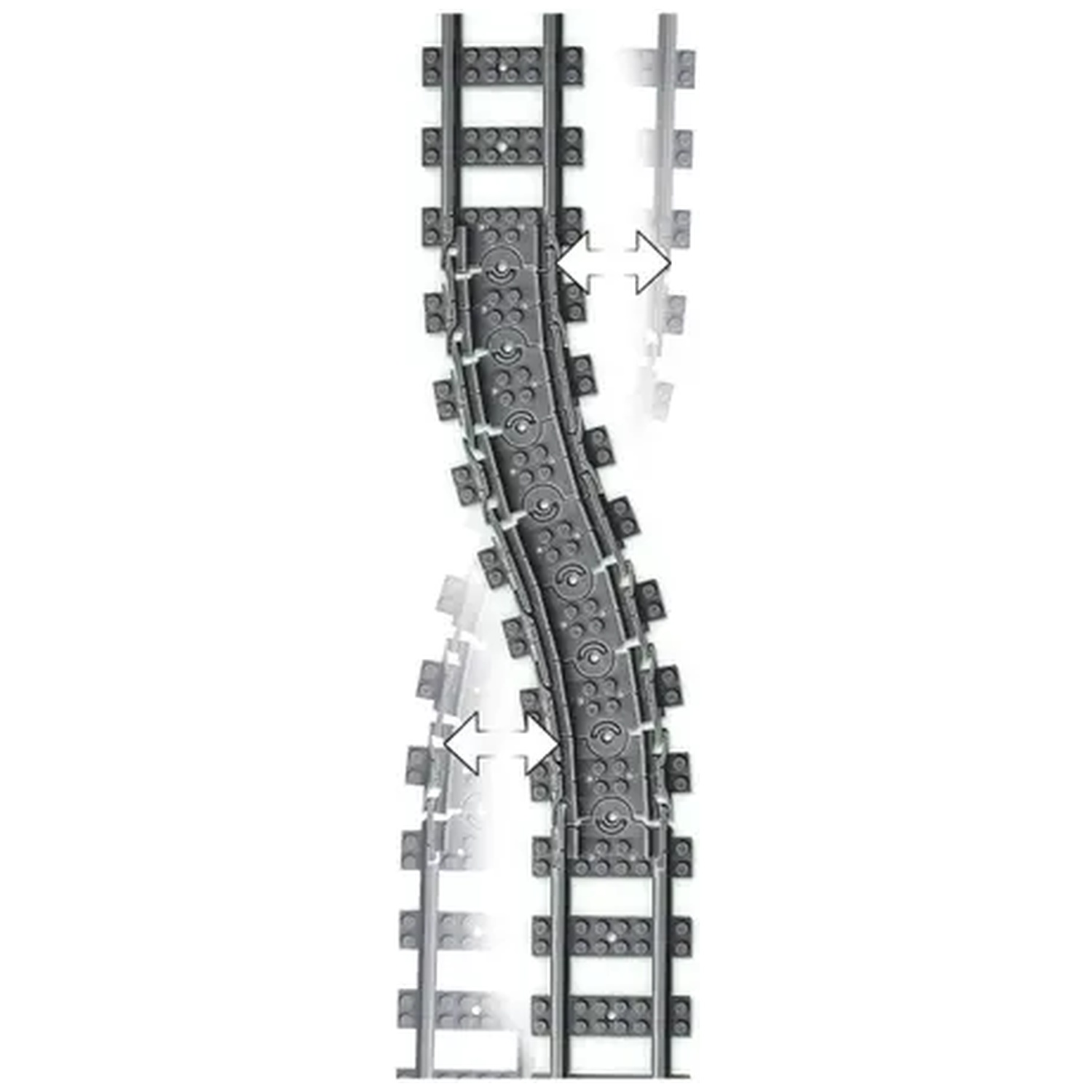 Image shows a section of train tracks with arrows indicating movement. The tracks curve and connect, gray and black colors are present.
