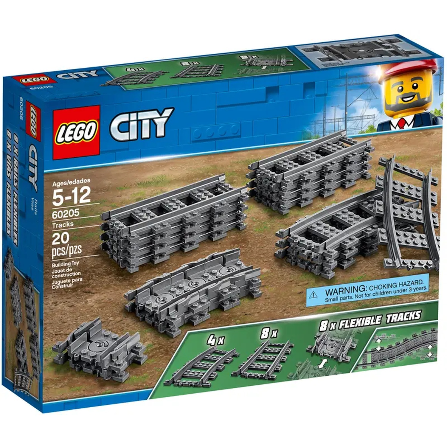 Lego City box set with gray track pieces. Includes a Lego figure and text indicating age range and track count.