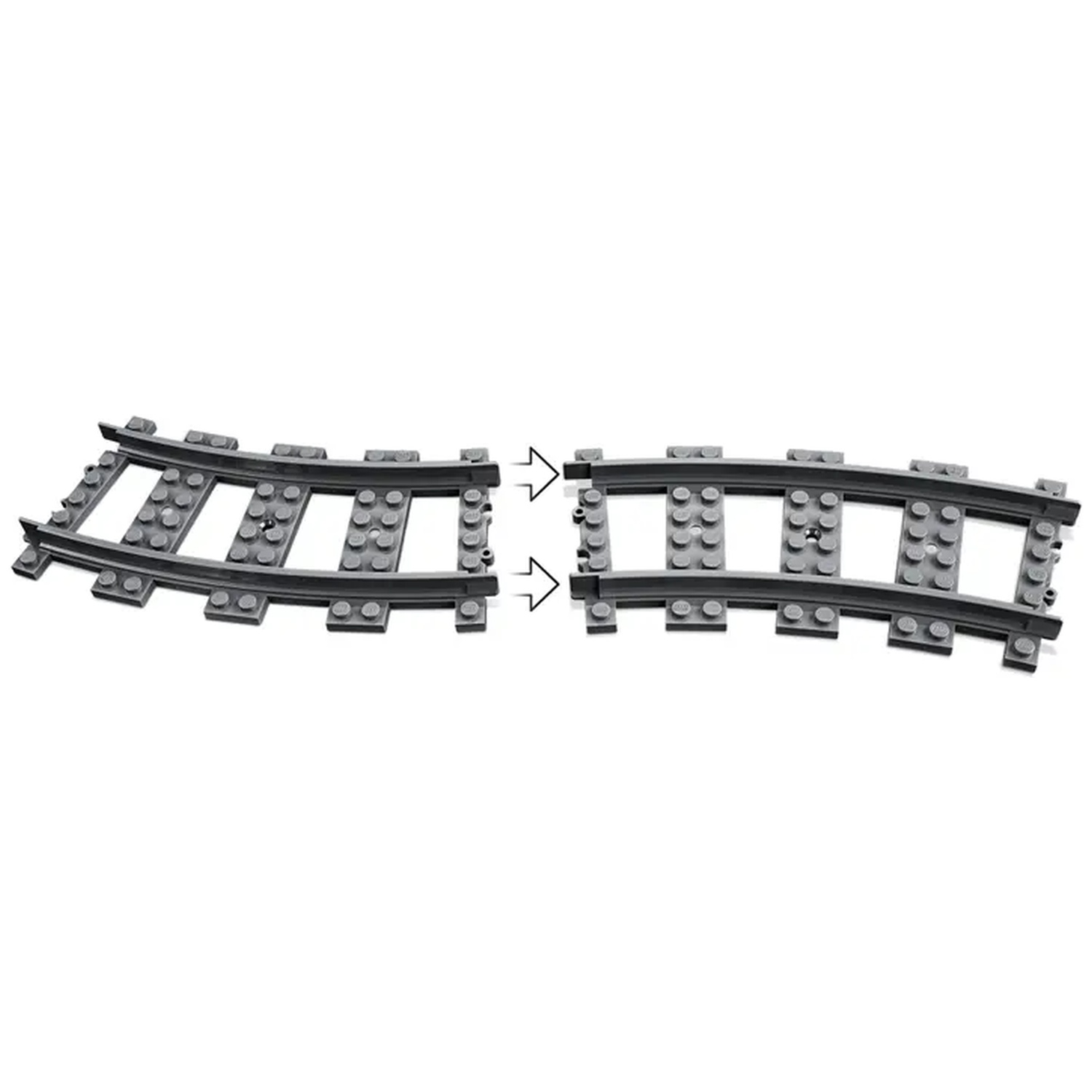 Two sections of gray toy train tracks, slightly curved, with arrows indicating they can be joined together against a white backdrop.