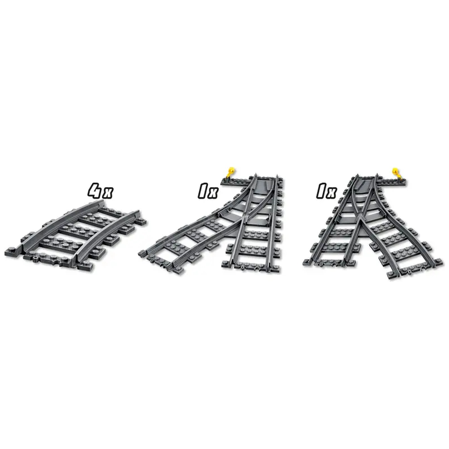 Three sets of gray Lego train tracks: curved, a switch, and another switch. Each has a quantity indication on the top left.