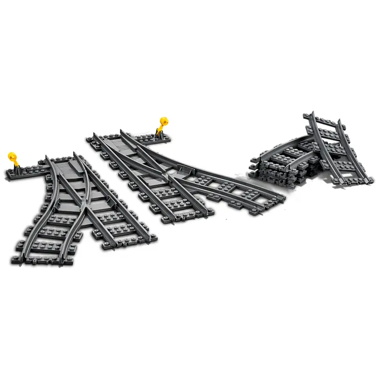 Gray Lego train tracks with yellow signal pieces, arranged on a white background. Curved and straight track sections are visible.