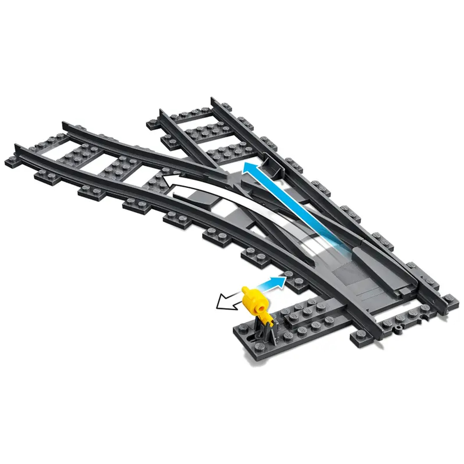 A gray Lego train track switch. A yellow lever points the switch. Blue arrows show direction.