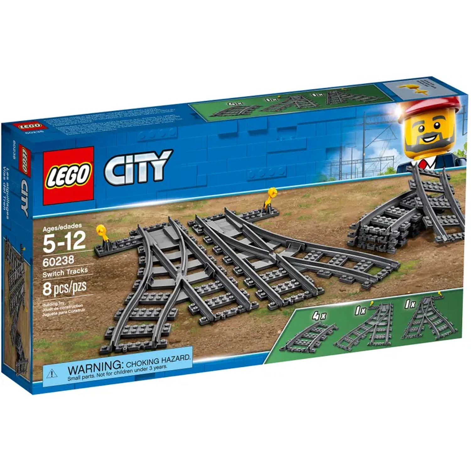 Lego City Switch Tracks box. Contains rail pieces, a Lego figure, and a warning about small parts for children.