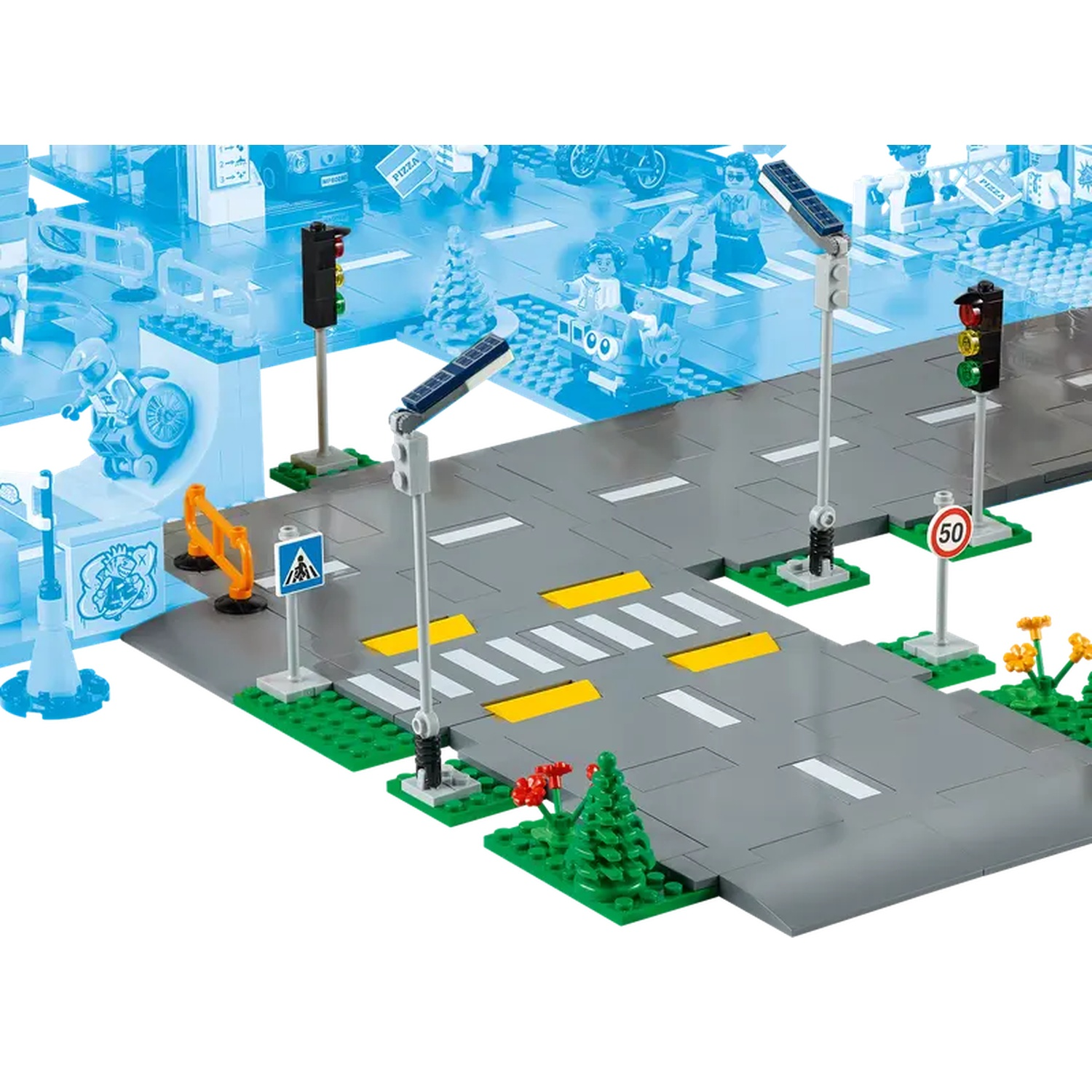 A Lego city scene with roads, traffic lights, pedestrian crossings, and street signs. Includes some Lego figures and vehicles.