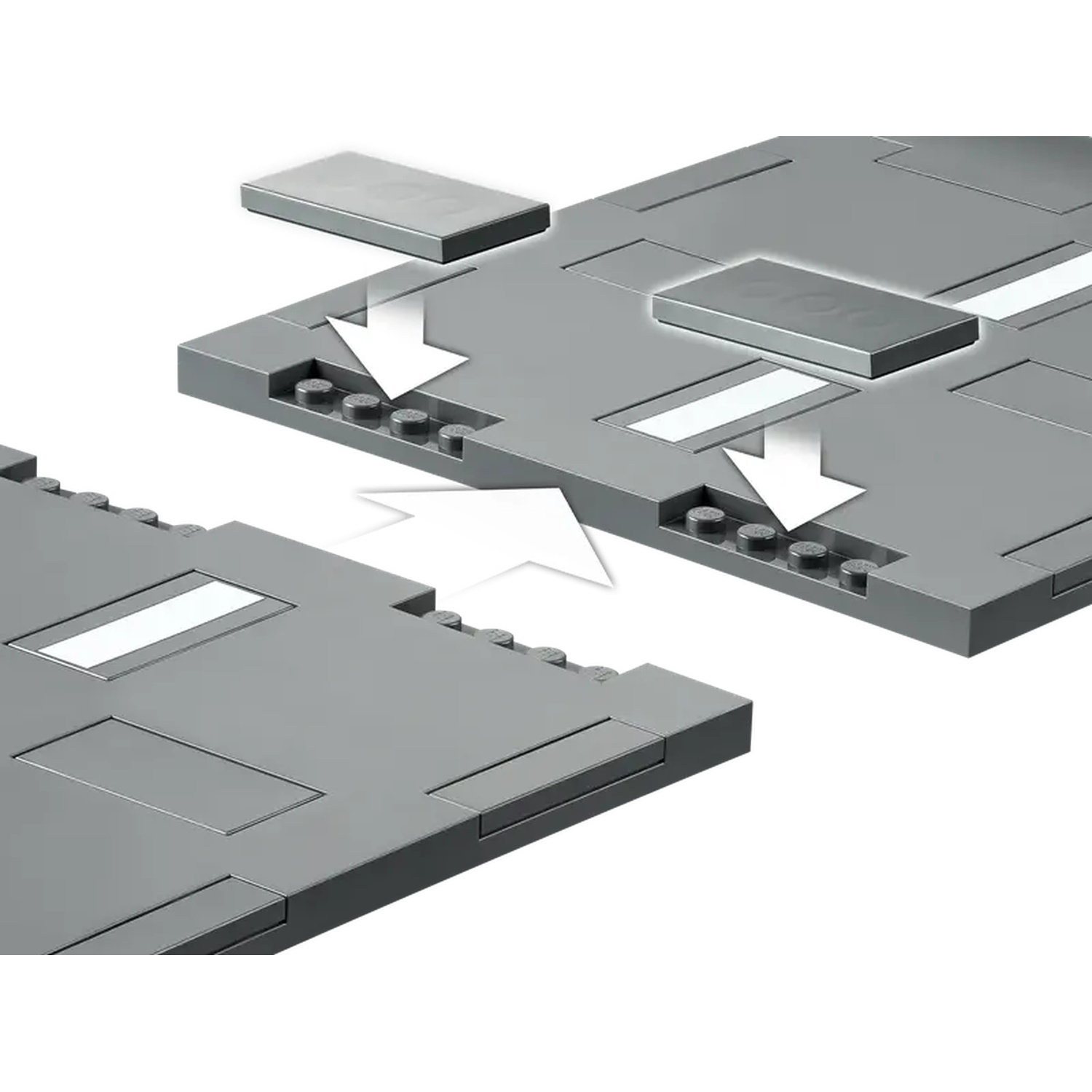 Gray Lego baseplates being connected. White arrows indicate assembly. Small gray Lego pieces are visible. White background.
