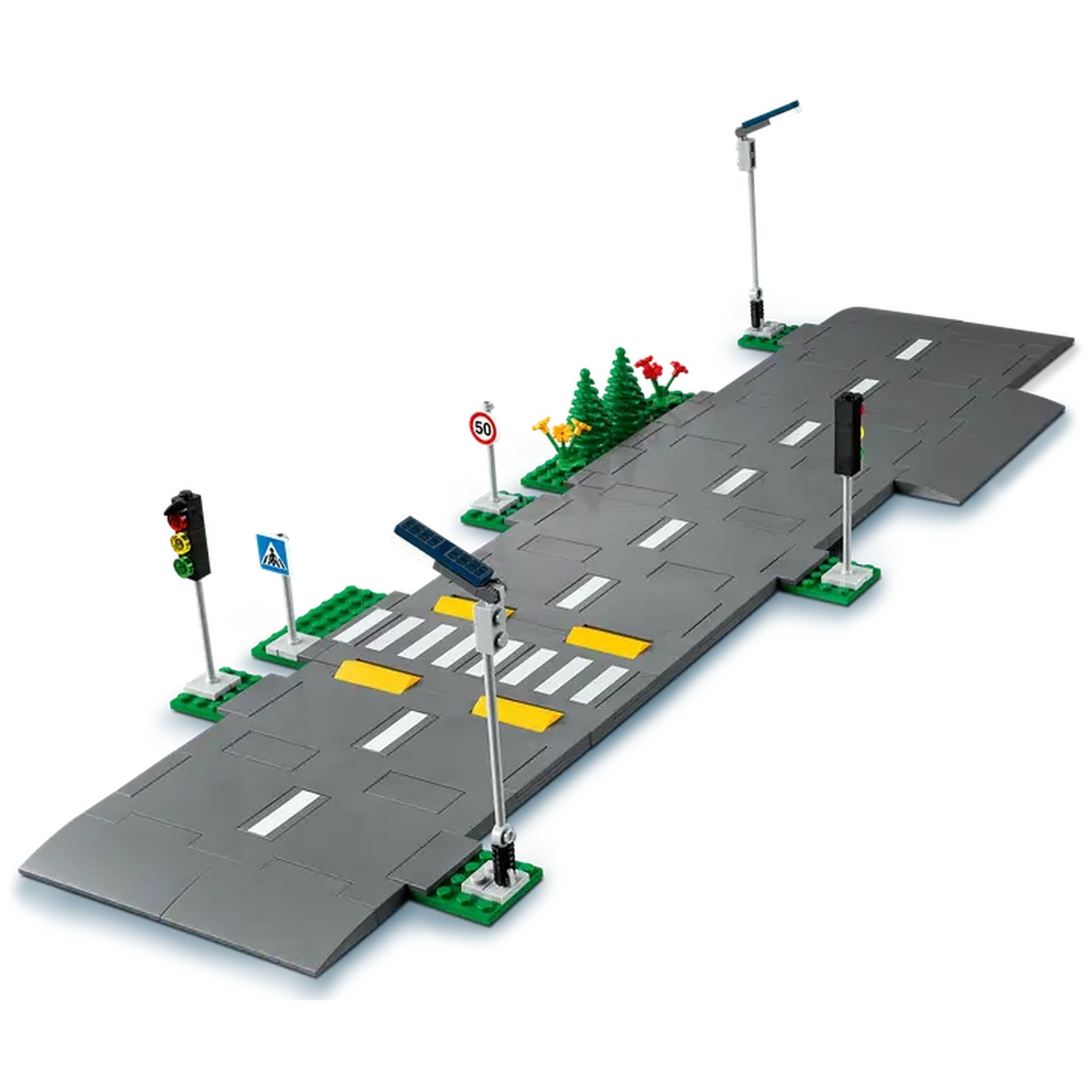 A toy road scene with a crosswalk, traffic lights, street signs, and solar-powered street lamps on a gray road.