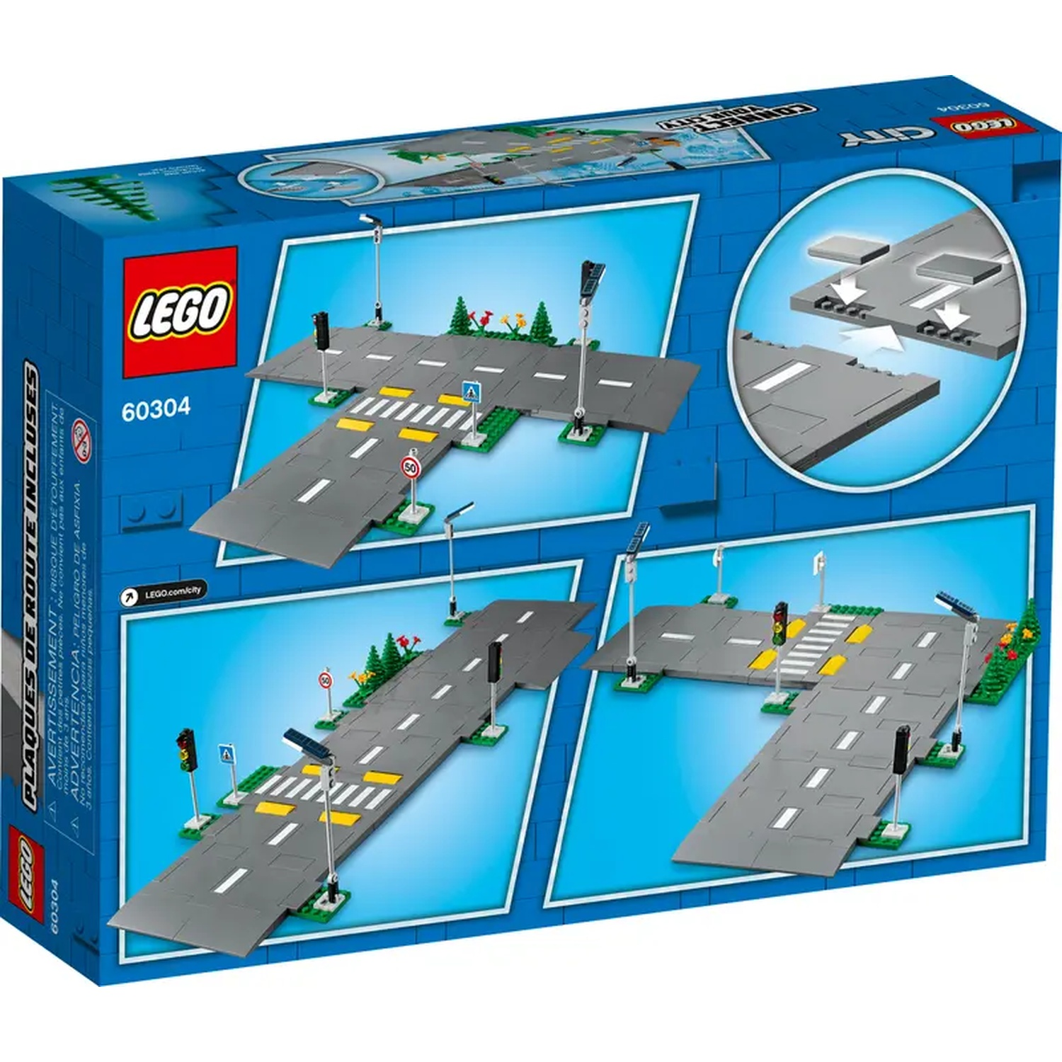 Lego City road plates box. Grey road plates with crosswalks, traffic lights, and street signs. Includes a Lego logo.