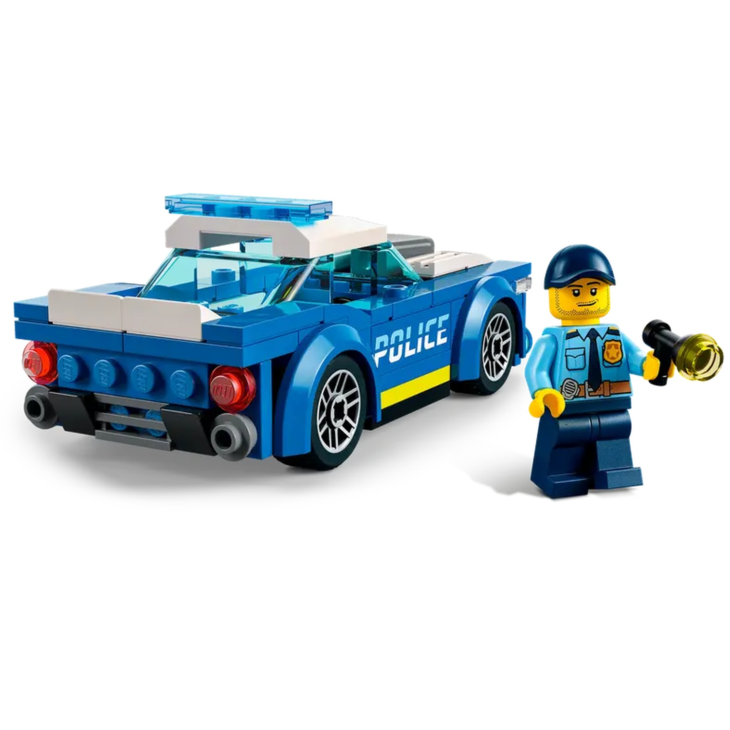 Een blauwe Lego politieauto met een wit dak en een Lego politieagent met een megafoon. Op de zijkant van de auto staat 'POLICE'.