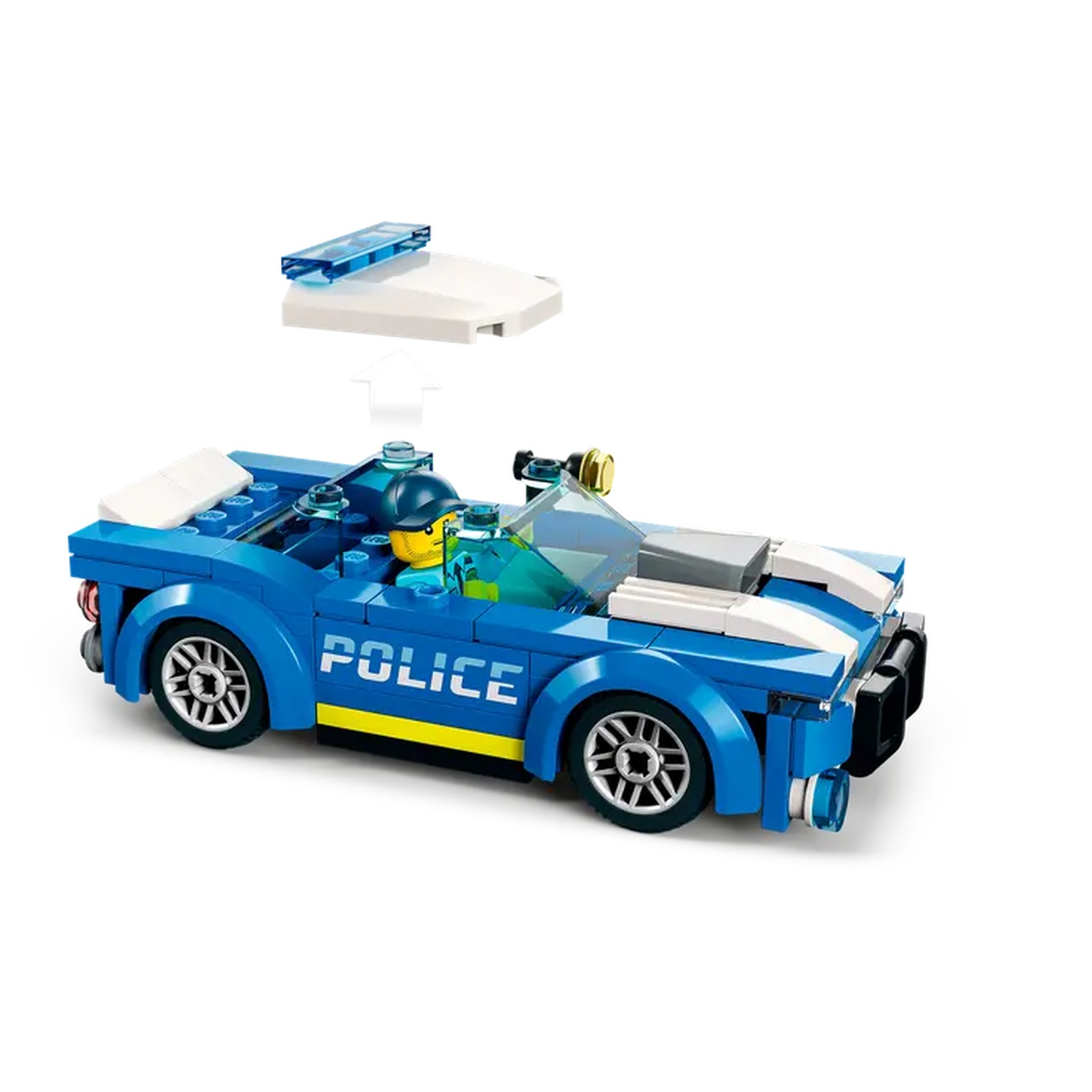 Een blauwe Lego politieauto met een bestuurder. Een sirene staat los. De auto heeft het woord POLICE op de zijkant. Het staat op een wit oppervlak.