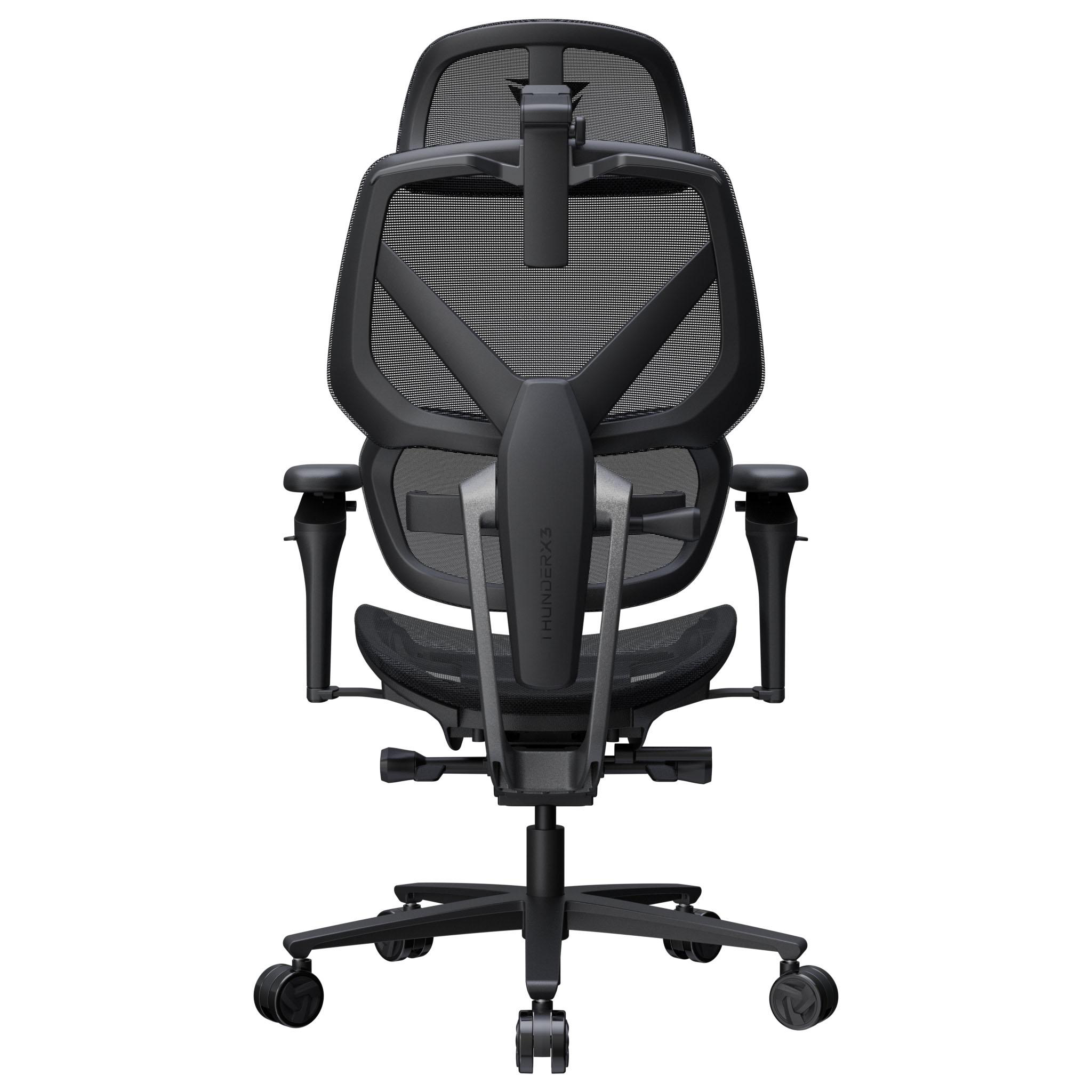 Schwarzer ergonomischer Bürostuhl, Netzrückenlehne, Kopfstütze, Armlehnen, Fünf-Rollen-Basis. ThunderX3 Logo sichtbar.