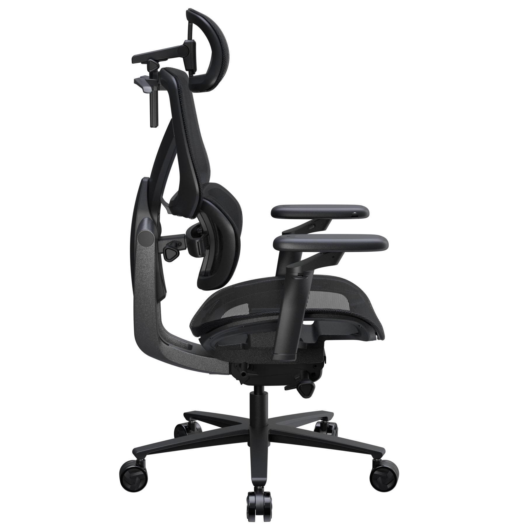 Schwarzer ergonomischer Bürostuhl mit Kopfstütze, Armlehnen, Netzrücken und Fünf-Rollen-Basis auf weißem Hintergrund.