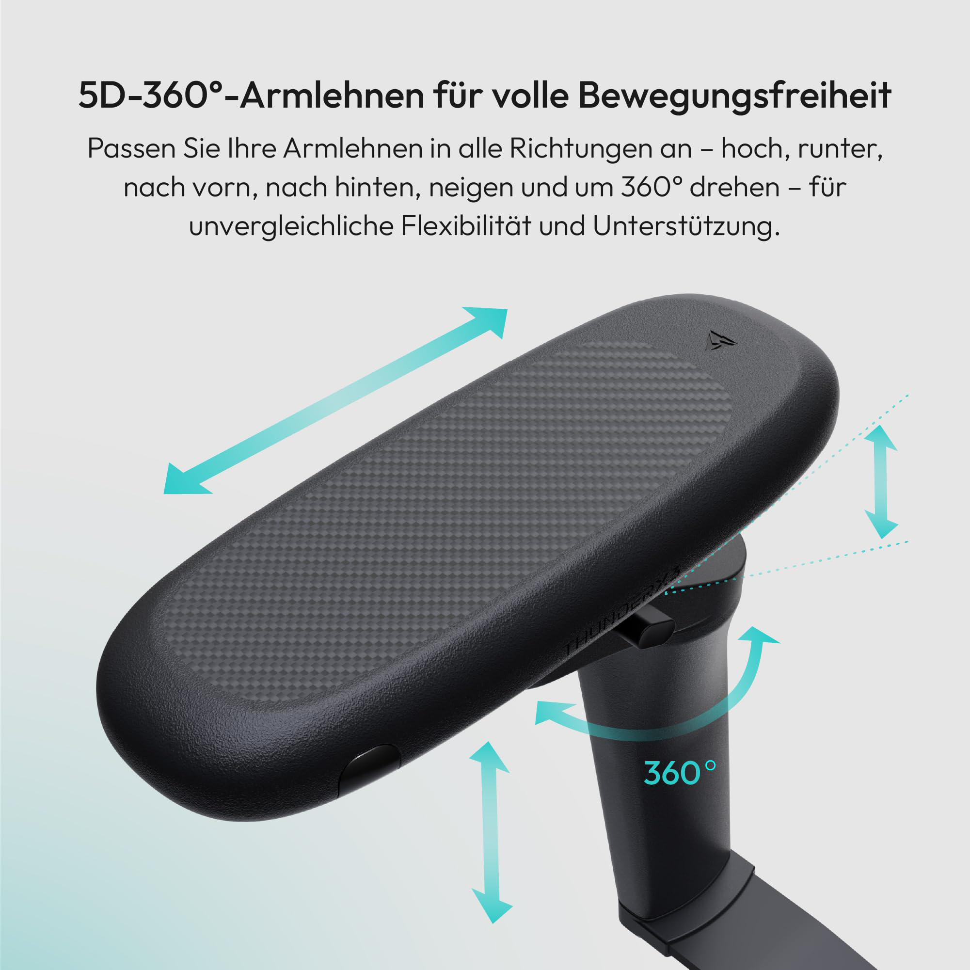 Schwarze ergonomische Armlehne mit 360-Grad-Drehung. Text deutet auf Flexibilität und Einstellmöglichkeiten hin.
