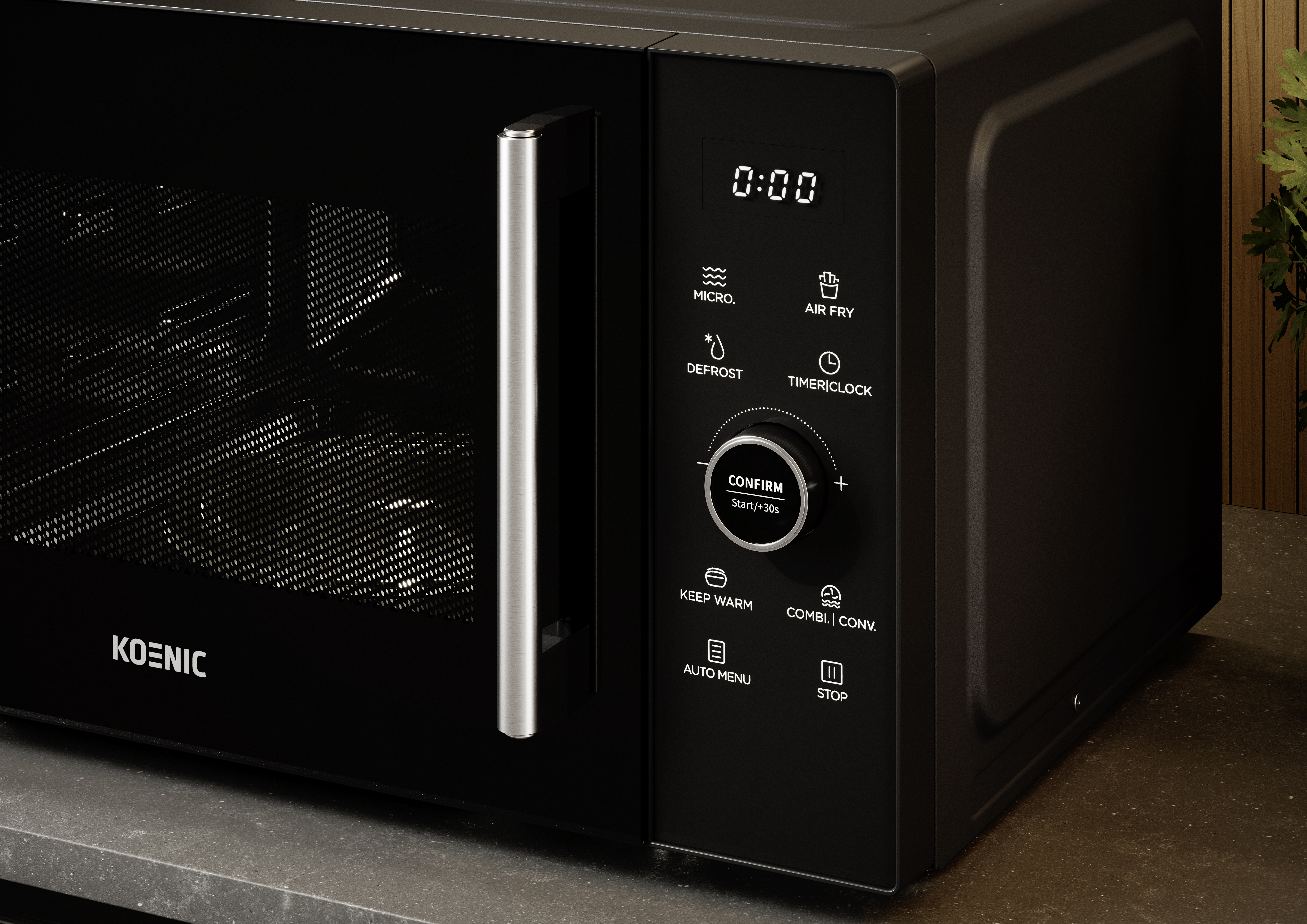 Czarna kuchenka mikrofalowa z wyświetlaczem cyfrowym, panelem sterowania i srebrnym uchwytem. Marka KOENIC.