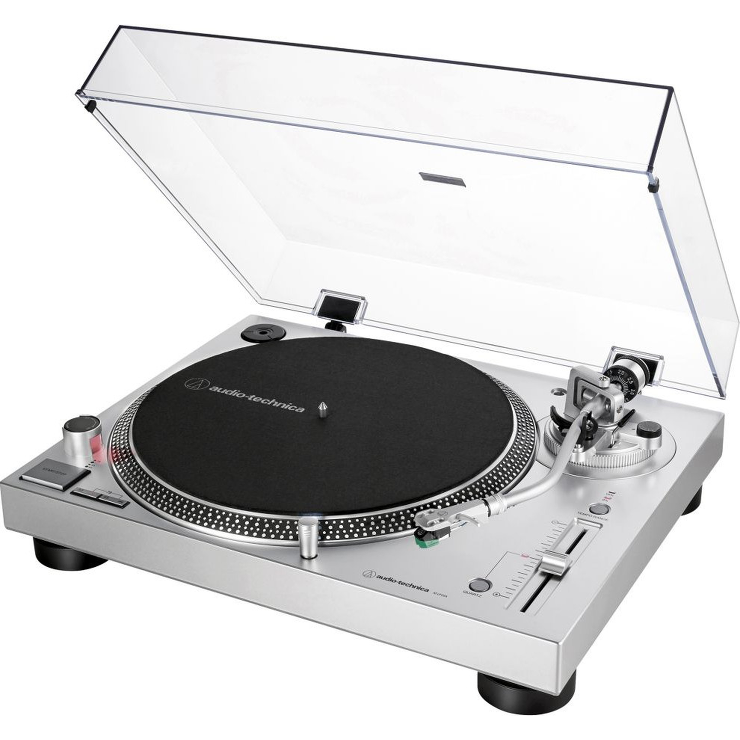 Silver turntable with a black record, transparent cover, and various buttons and sliders. Audio-Technica logo is visible.