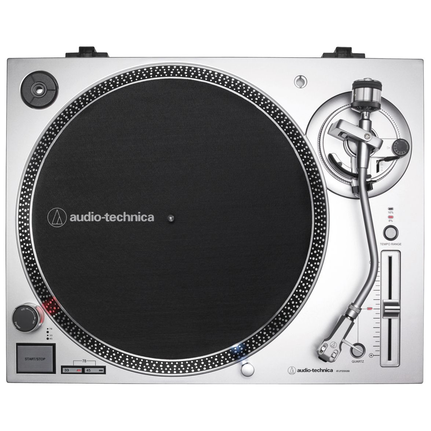 A silver Audio-Technica turntable is shown. It has a black vinyl record, a tone arm, and controls for speed and tempo.