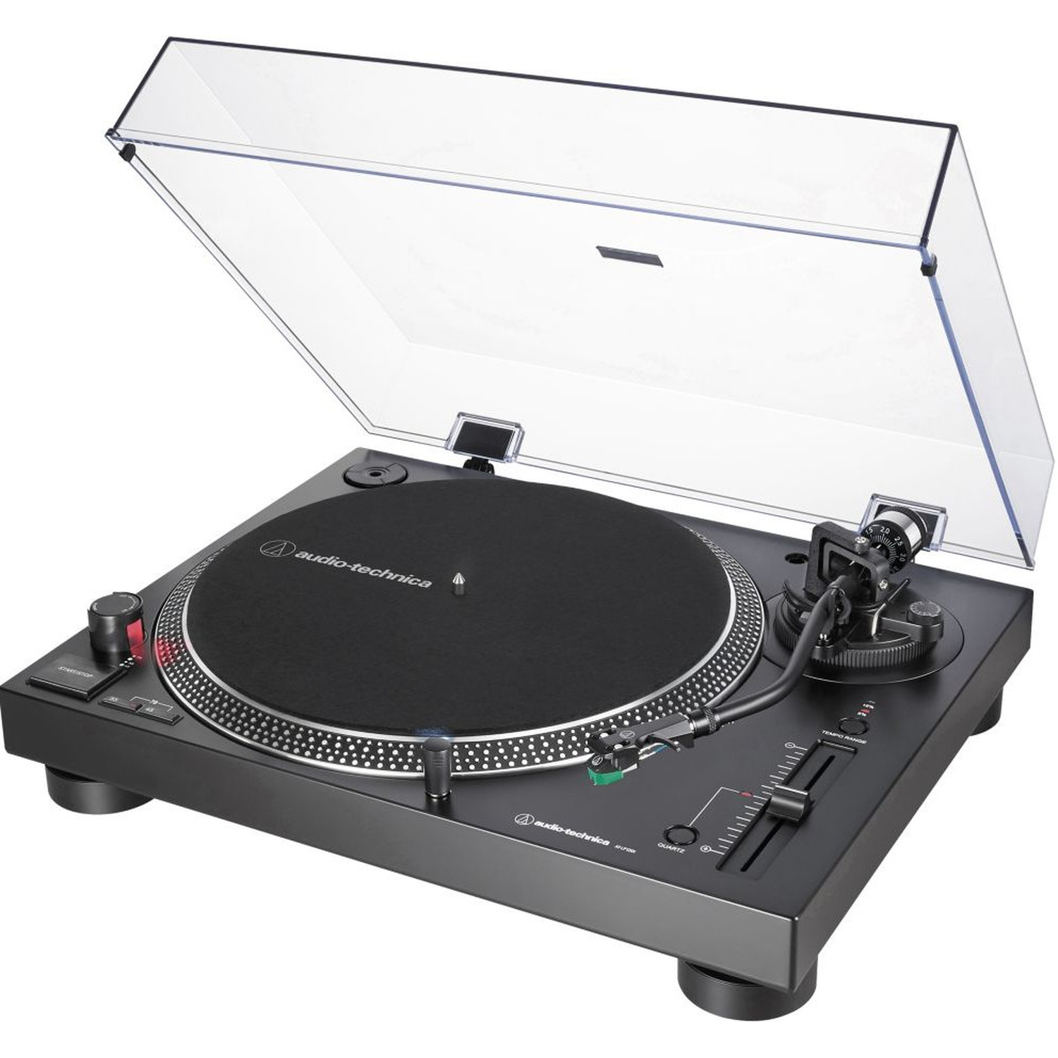 A black Audio-Technica turntable with a clear cover is open. The turntable has a black platter, silver accents, and a tone arm.