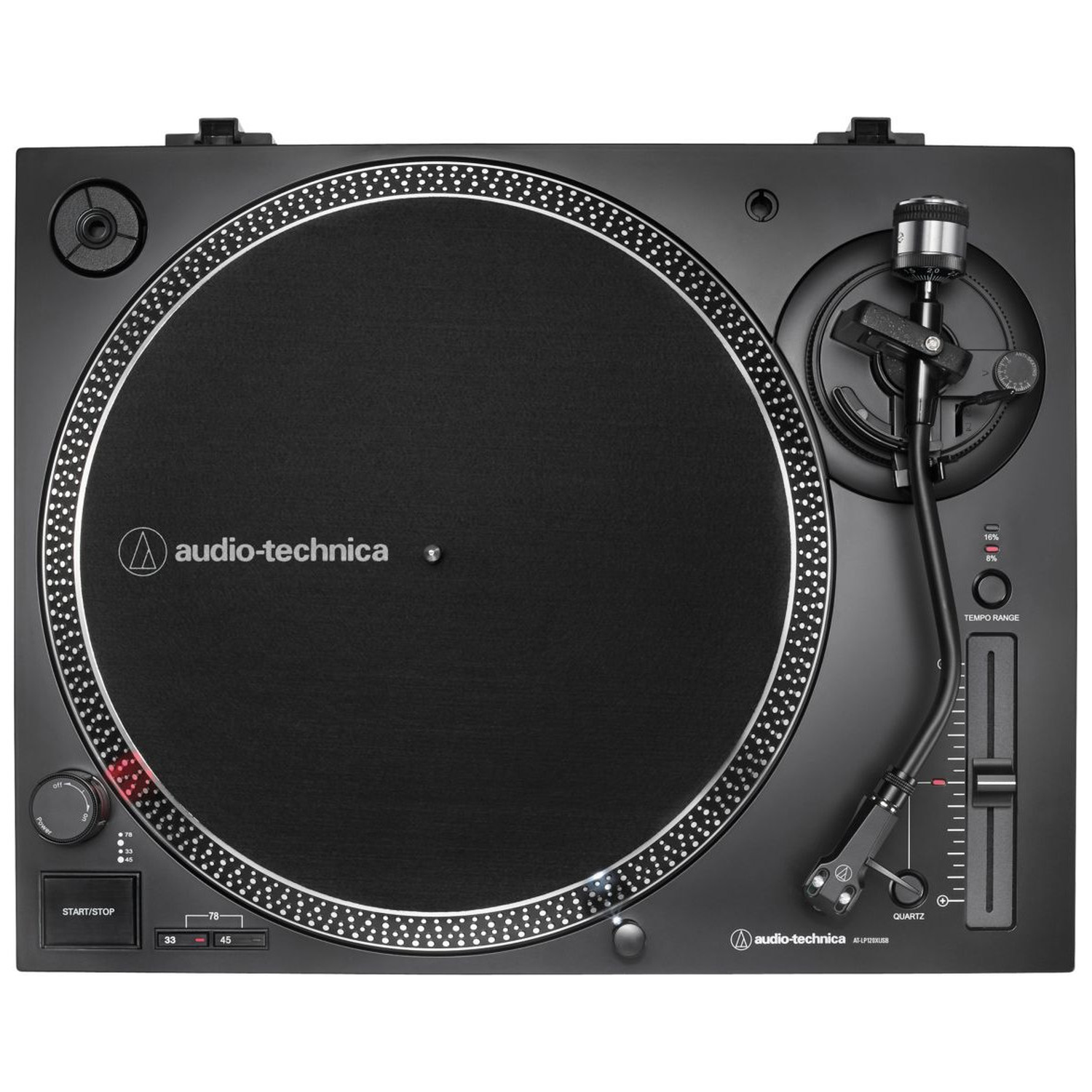 Black Audio-Technica turntable. Features a black platter, silver accents, tone arm, and control panel with buttons and switches.