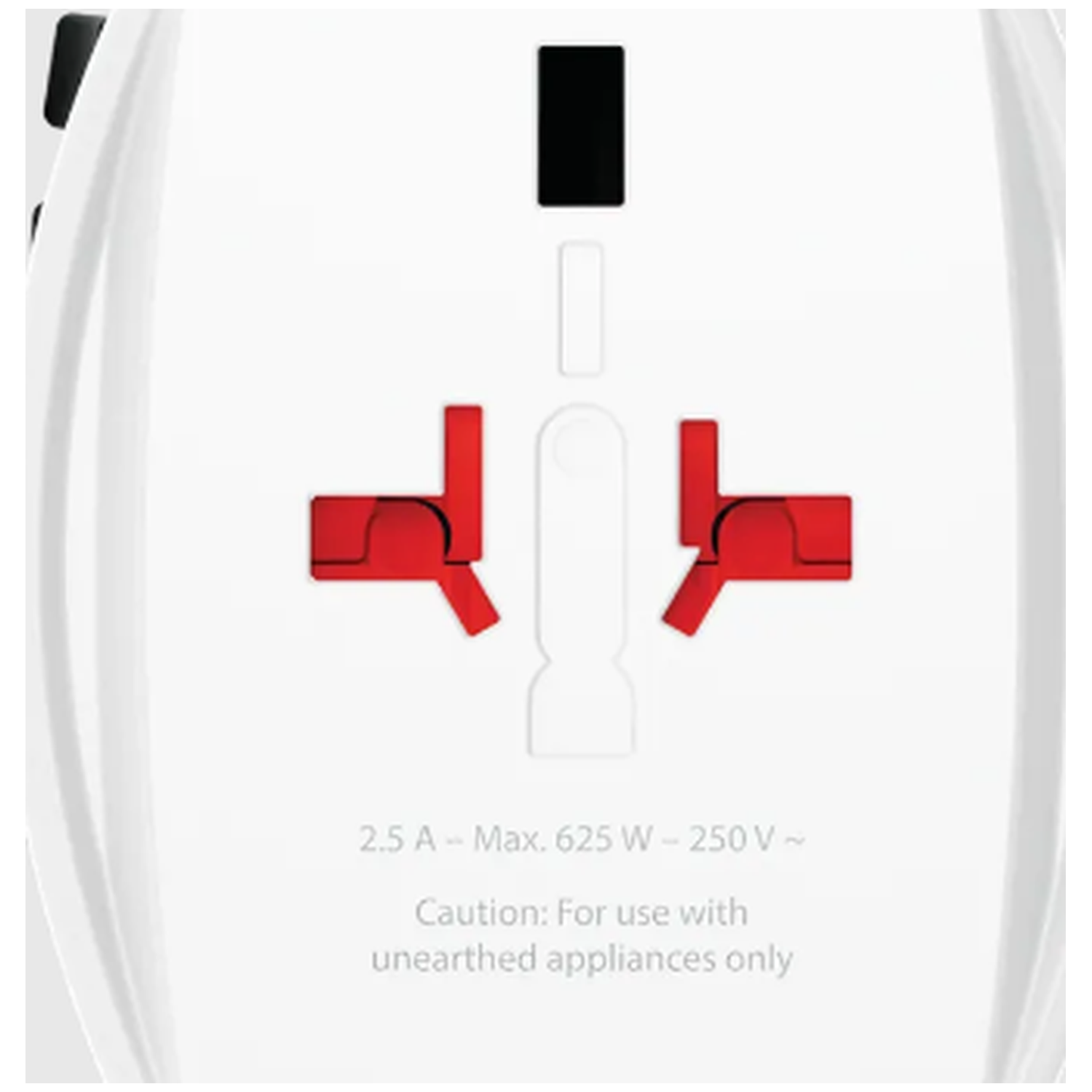 Close-up of a white and red power adapter. It has a black top piece and text below indicating voltage and a caution.