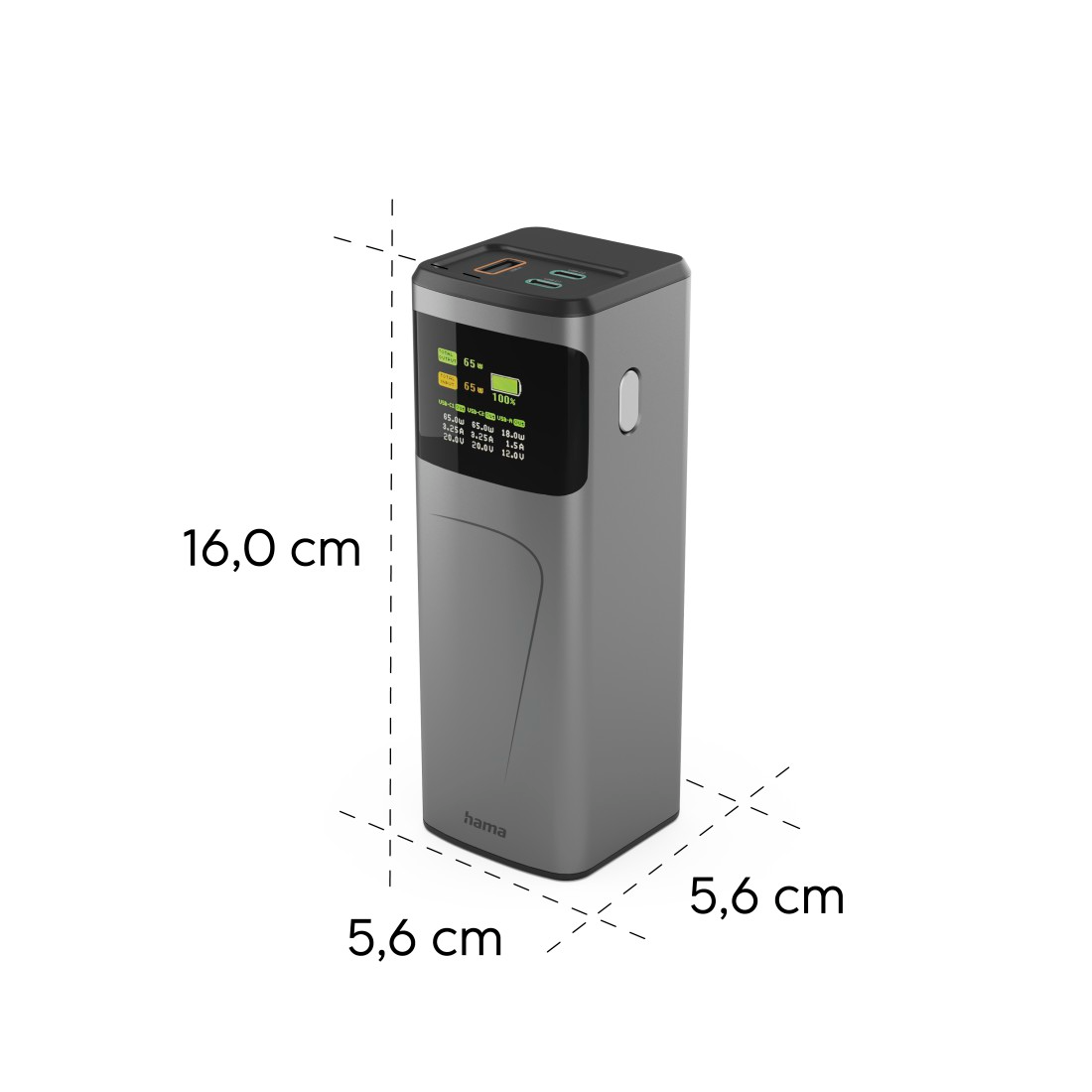 Szürke power bank fekete tetővel és képernyővel, mely töltési információkat jelenít meg, méretekkel. A 'hama' márka látható.