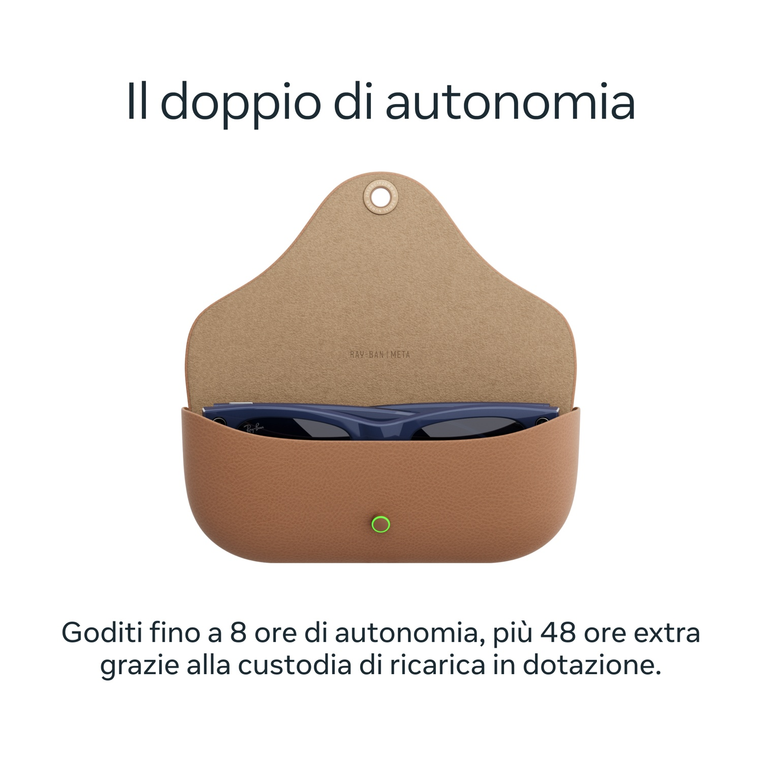Custodia in pelle marrone aperta con occhiali da sole blu. Testo sopra: 'Il doppio di autonomia'. Testo sotto: 'Goditi fino a 8 ore'.