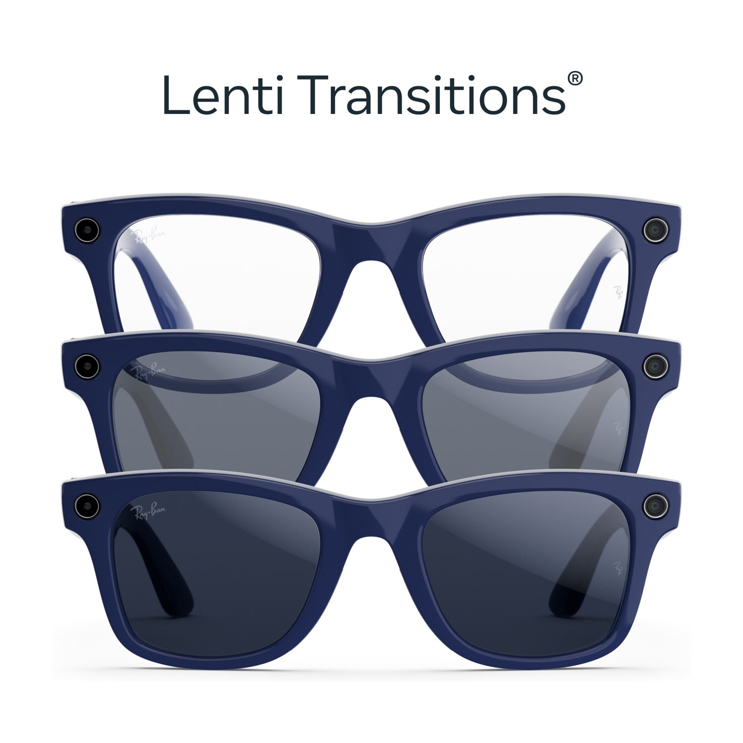 Tre paia di occhiali intelligenti Ray-Ban blu con lenti che passano da chiare a scure. Il testo 'Lenti Transitions' è in alto.