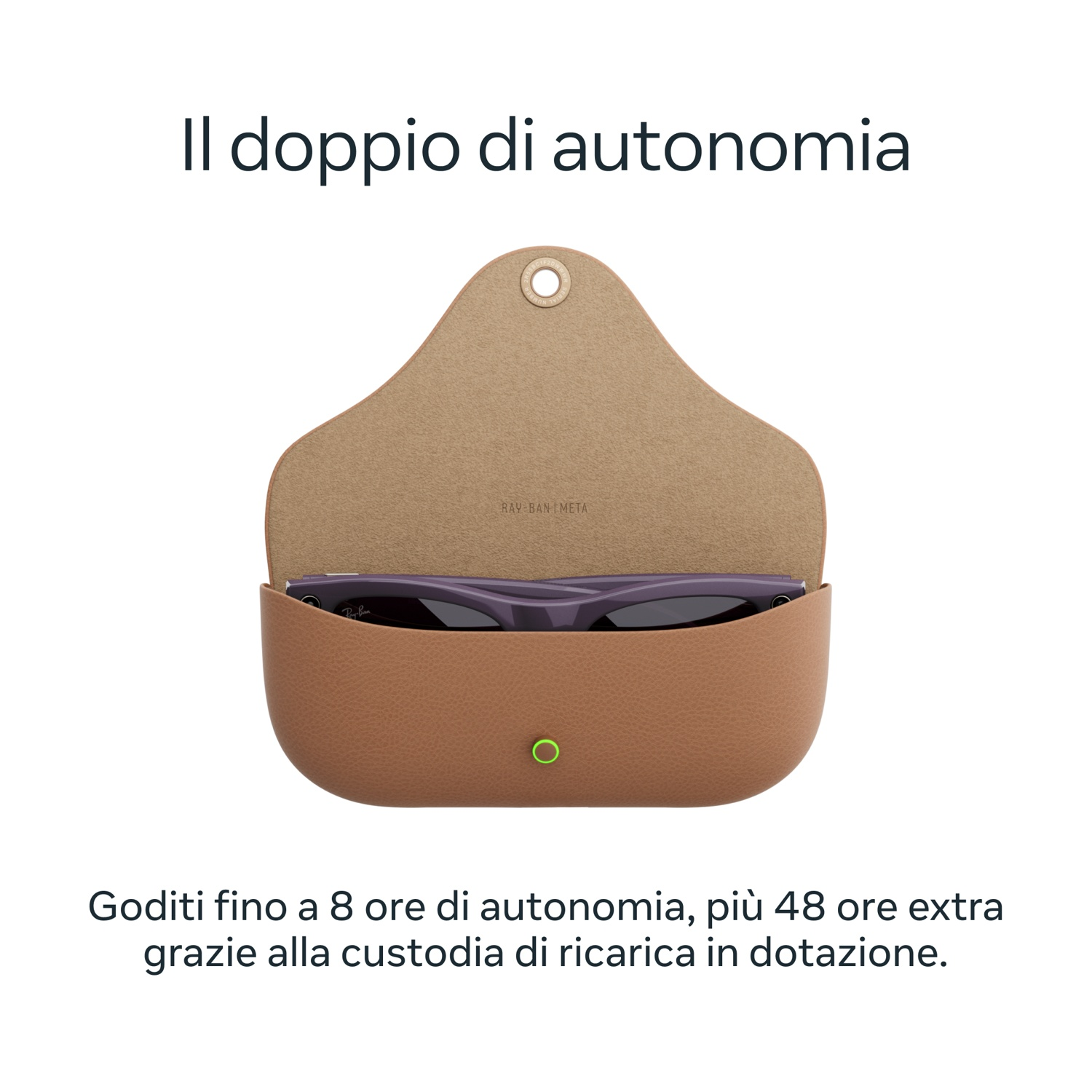 Custodia marrone aperta con occhiali Ray-Ban all'interno. Testo: Il doppio di autonomia. Goditi 8+48 ore con la custodia di ricarica.