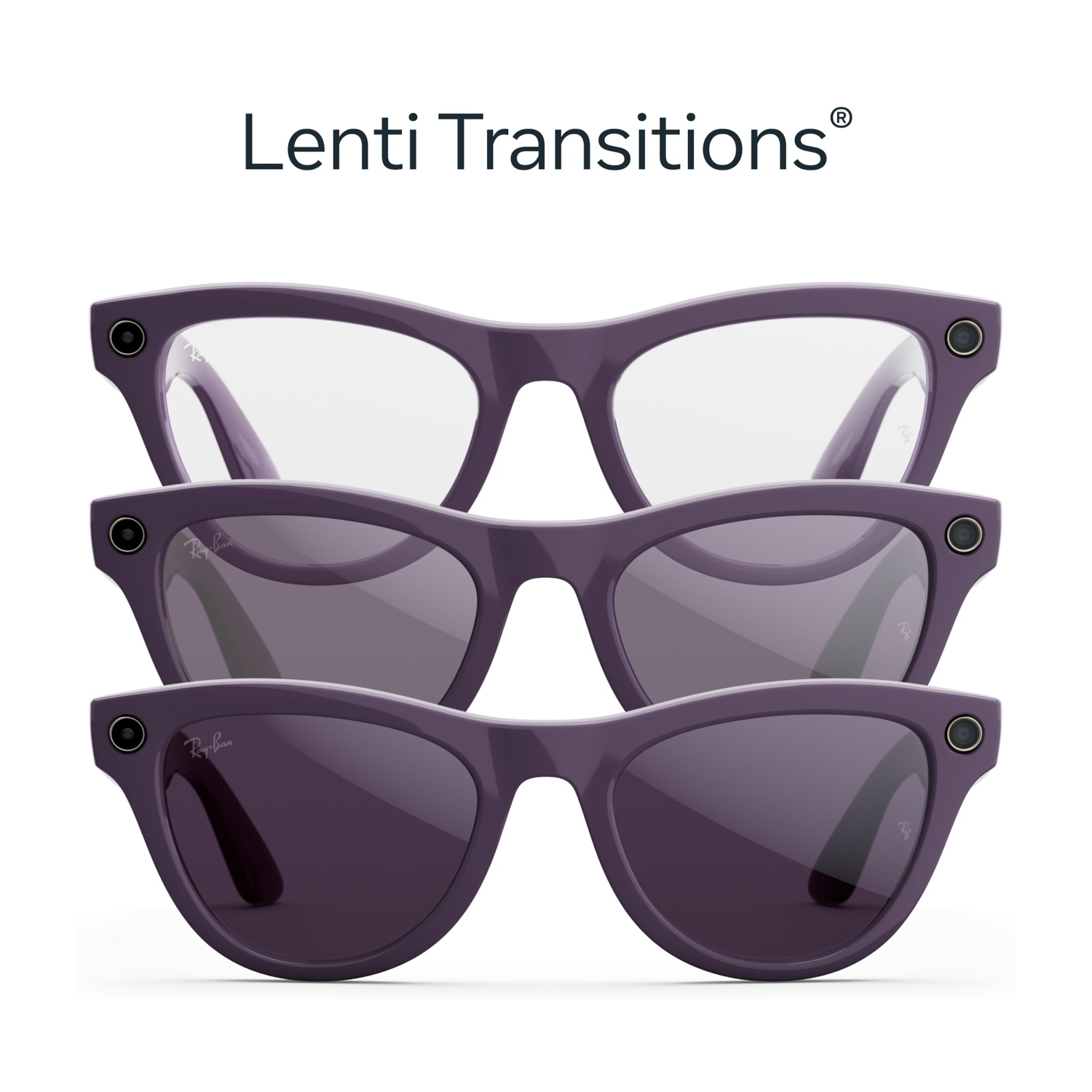 Tre paia di occhiali intelligenti Ray-Ban viola che mostrano le transizioni delle lenti, da chiare a scure.