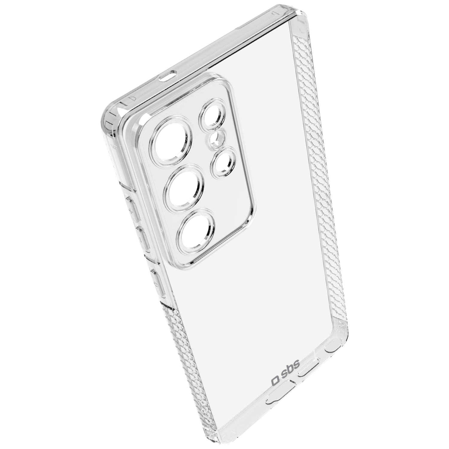 Een heldere telefoonhoes, onder een hoek. Het heeft uitsparingen voor de camera en knoppen. De zijkant heeft een textuurpatroon en de onderkant zegt 'sbs'.