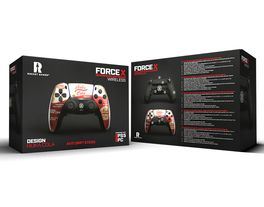 Zwei schwarze Kartons mit einem Spielcontroller im Nuka Cola-Design. Eine Box zeigt den Controller, die andere hat Controller-Bilder und Text.