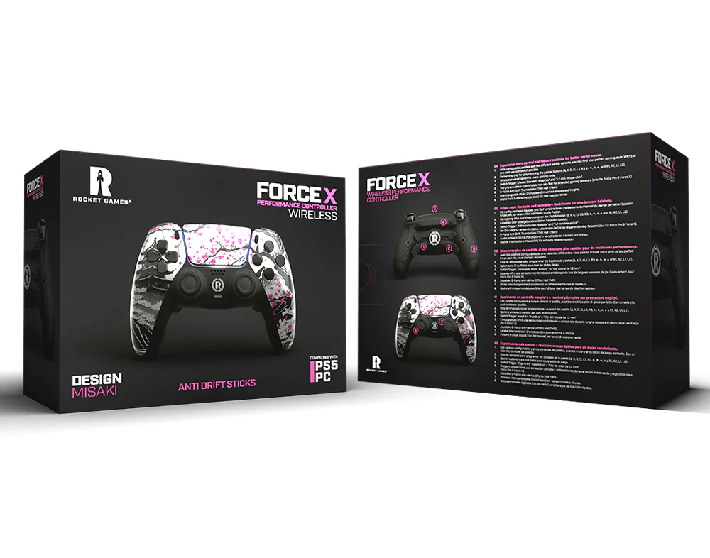 Zwei Schachteln mit Force X Wireless-Controllern. Eine zeigt den Controller mit floralem Design. Die andere zeigt Funktionen und Controller-Bilder.