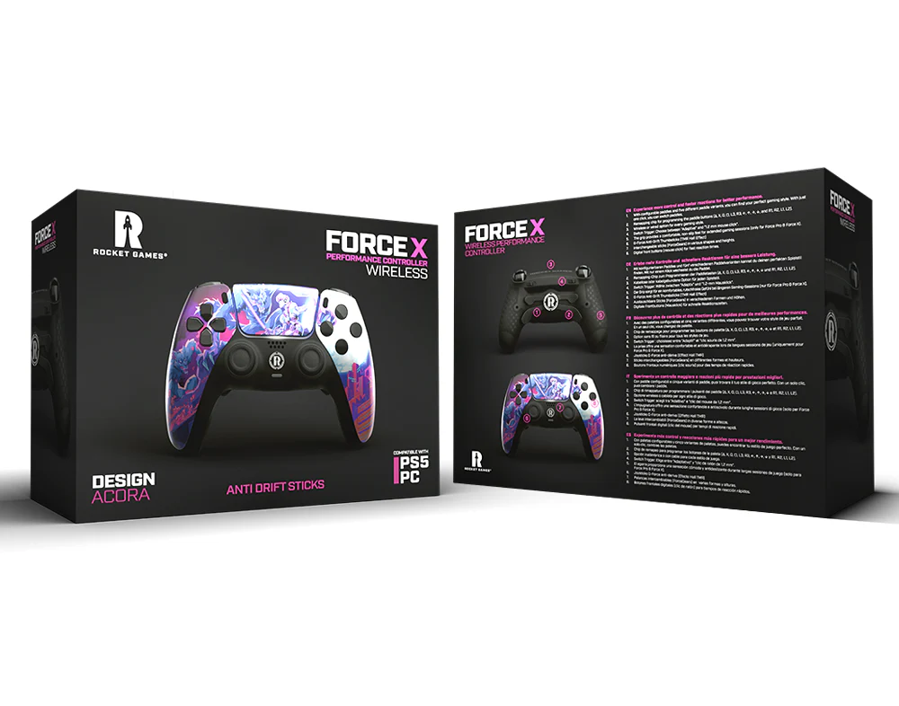 Zwei schwarze Boxen mit jeweils einem Controller. Die linke Box zeigt einen farbenfrohen Controller. Die rechte hat einen schwarzen.