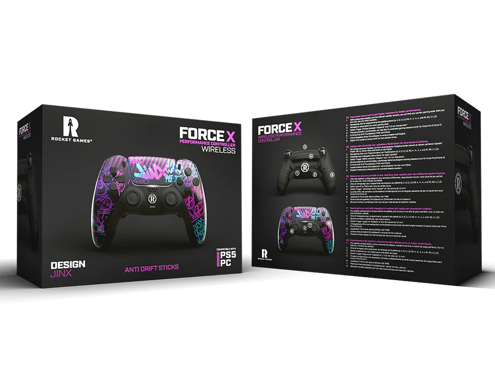 Schachteln mit einem kabellosen Controller. Der Controller ist schwarz mit Graffiti-Design. Die Box ist schwarz.