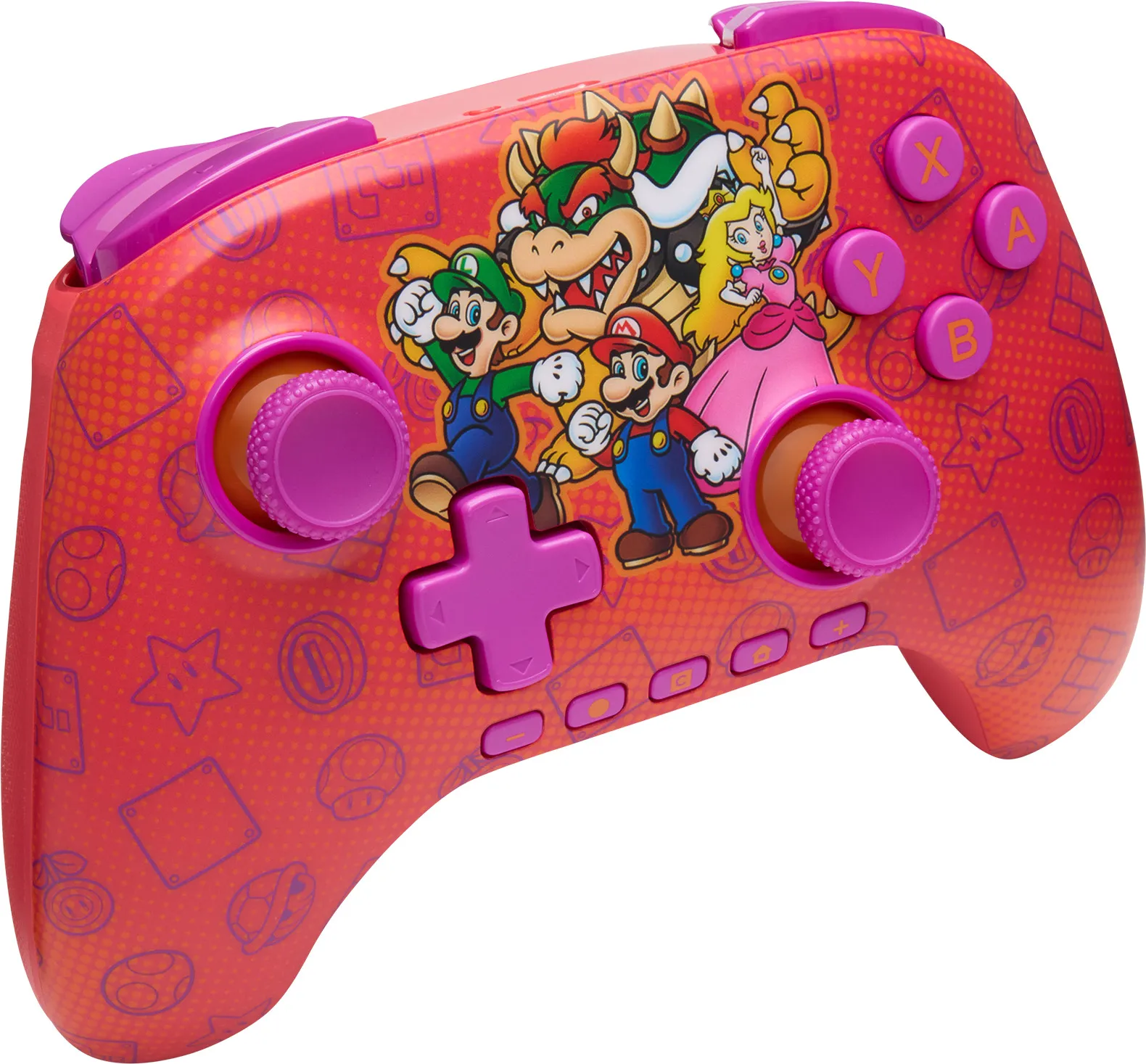 Ein rot-rosa Nintendo-Controller mit Mario-Charakteren. Es hat Tasten und Joystick-Steuerungen.