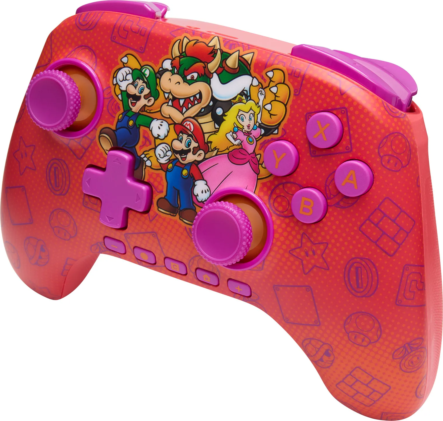 Ein roter Nintendo Switch-Controller mit Mario-Charakteren. Er hat pinke Knöpfe, Joystick und Steuerkreuz. Mario, Luigi, Bowser und Peach sind abgebildet.