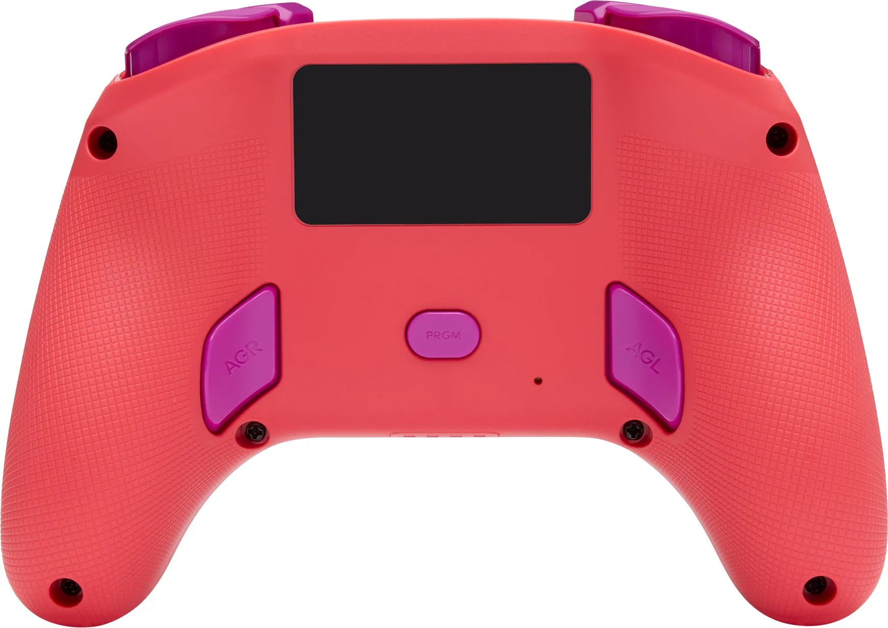 Ein roter Gamecontroller mit lila Knöpfen und Akzenten. Zu den Merkmalen gehören ein Bildschirm und die Tasten 'AGR', 'PRGM' und 'AGL'.