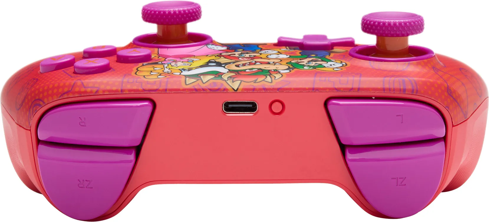 Roter und pinkfarbener Nintendo Switch-Controller. Mit Mario-Charakteren. Hat Knöpfe, Joysticks und Trigger. USB-C-Anschluss sichtbar.