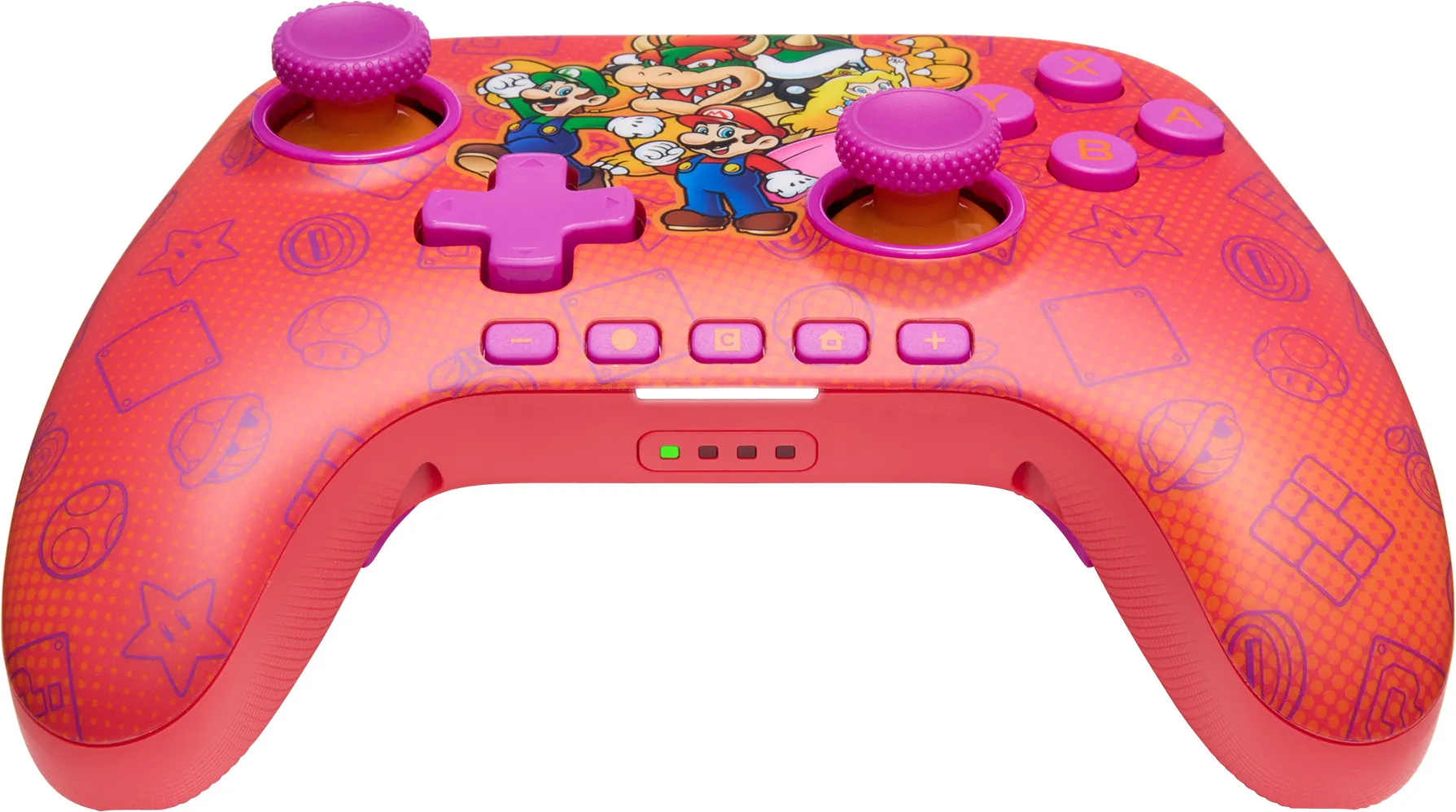 Ein roter Controller im Mario-Design mit Cartoon-Charakteren, lila Knöpfen und Symbolen. Er hat zwei Joysticks und ein Steuerkreuz.