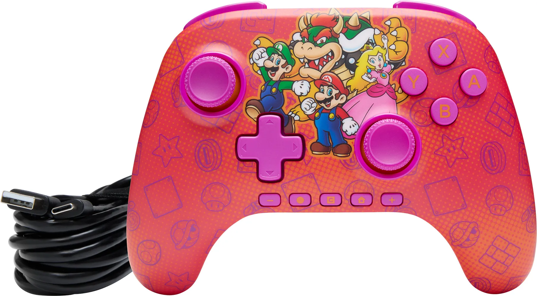 Ein pink-roter Nintendo Switch-Controller mit Mario-Charakteren. Er hat ein USB-Kabel und viele Knöpfe.