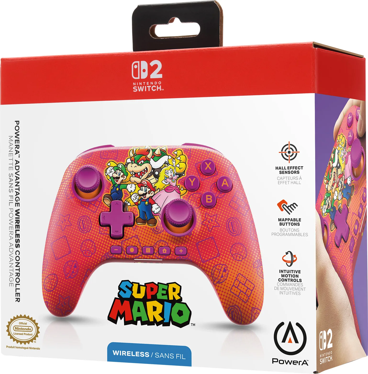 Verpackter PowerA Wireless-Controller für Nintendo Switch. Mit Super Mario-Charakteren und -Logos. Rotes und violettes Farbschema.