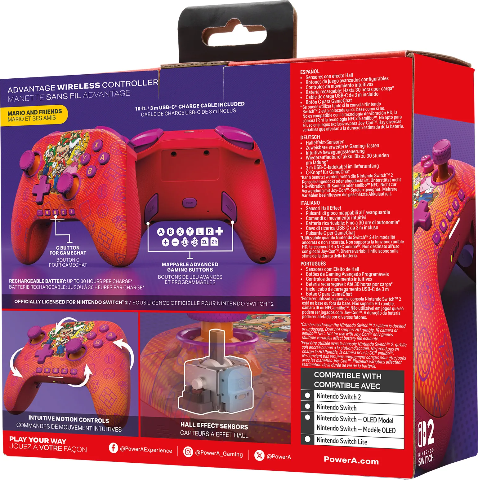 Rote und orangefarbene Nintendo Switch Controllerbox mit Controllerbild. Text und Logos sind sichtbar.