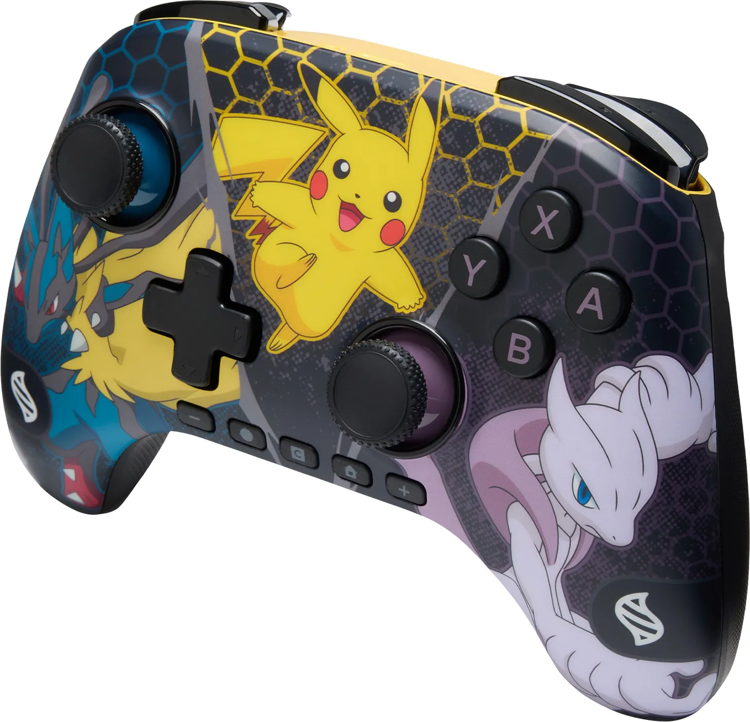 Ein Nintendo Switch-Controller mit den Pokémon-Charakteren Pikachu, Lucario und Mewtwo. Es hat verschiedene Knöpfe und Joysticks.
