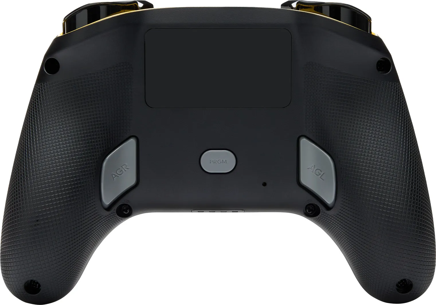 Die Rückseite eines schwarzen Gaming-Controllers mit grauen Knöpfen mit der Aufschrift AGR, PRGM und AGL. Die Oberseite hat gelbe Akzente.