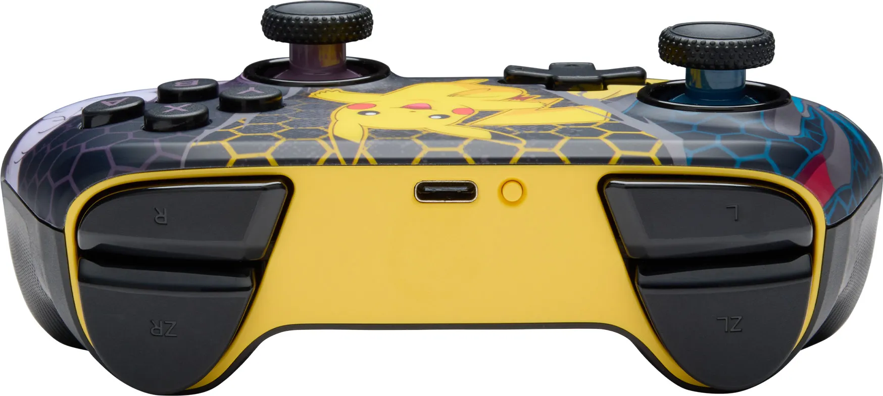 Ein gelber und schwarzer Nintendo Switch-Controller mit Pikachu. Er hat Knöpfe, Joysticks und einen Ladeanschluss.