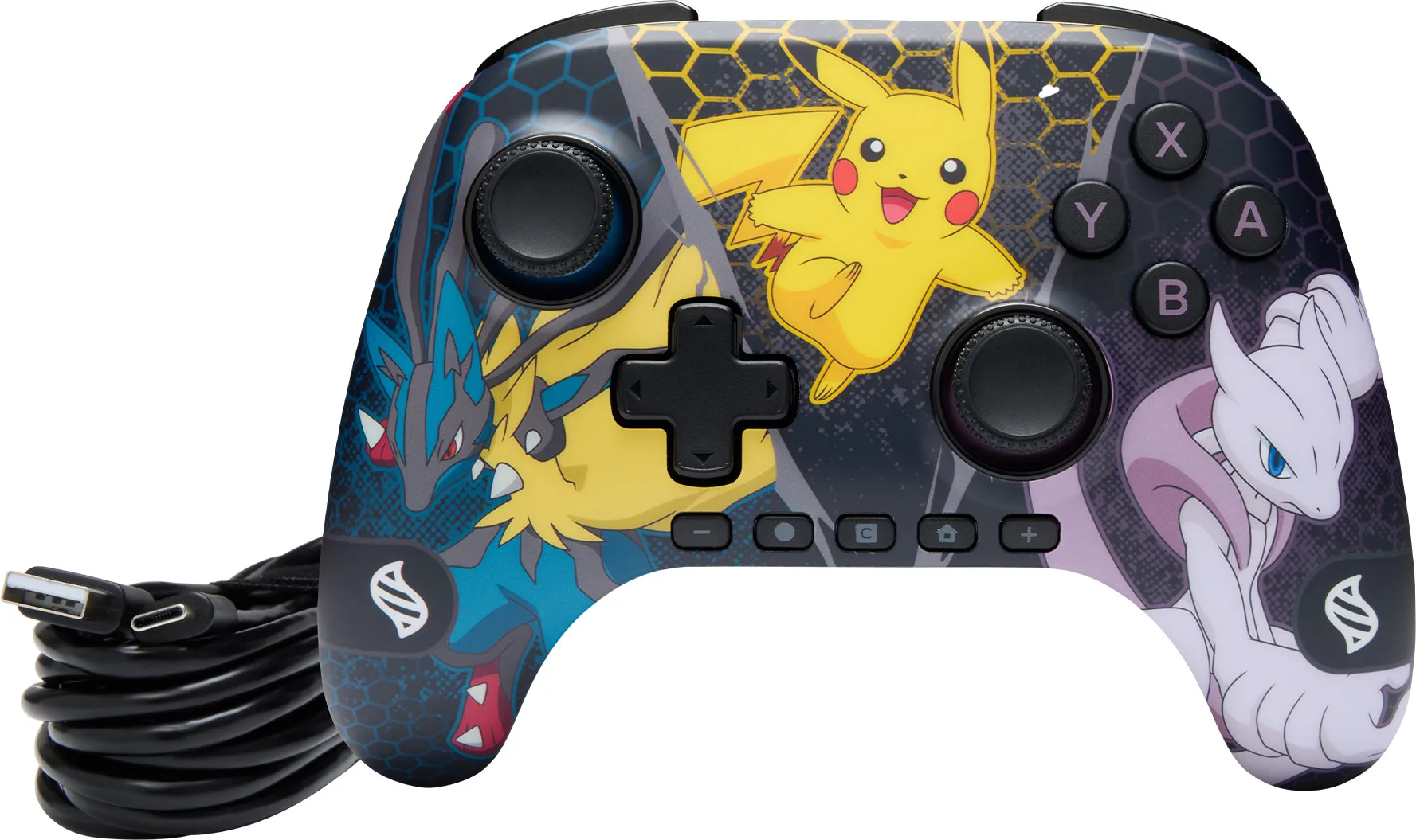 Ein Spielcontroller mit Pokémon-Motiven, darunter Pikachu, Lucario und Mewtwo. Er hat Knöpfe, Joysticks und ein USB-Kabel.
