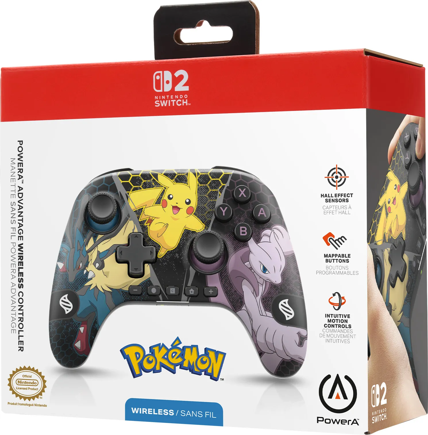 Verpackter Nintendo Switch-Controller. Mit Pikachu, Mewtwo und anderen Pokémon-Charakteren. Enthält Hall-Effekt-Sensoren und belegbare Tasten.