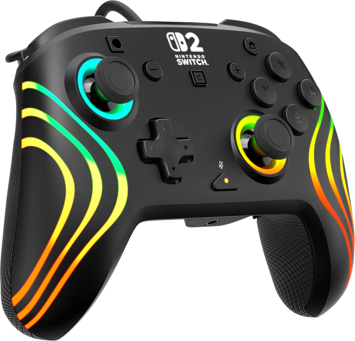 Schwarzer Nintendo Switch-Controller mit farbenfrohen Lichtspuren und Tasten. Er hat zwei Joysticks und ein D-Pad.