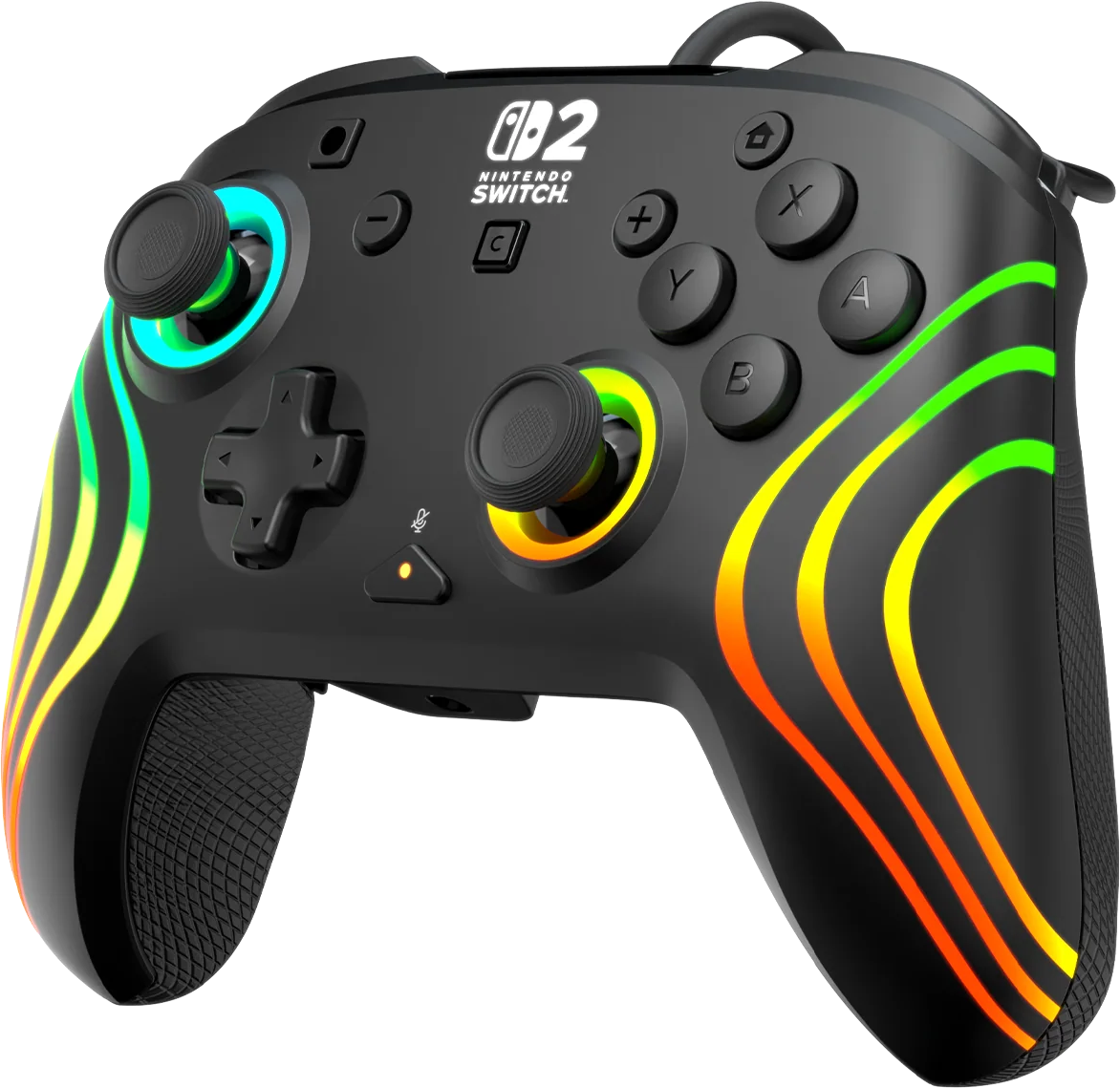 Schwarzer Nintendo Switch Controller mit bunten Lichtspuren. Mit Tasten, Joysticks und einem Steuerkreuz. Der Controller hat ein schlankes Design.